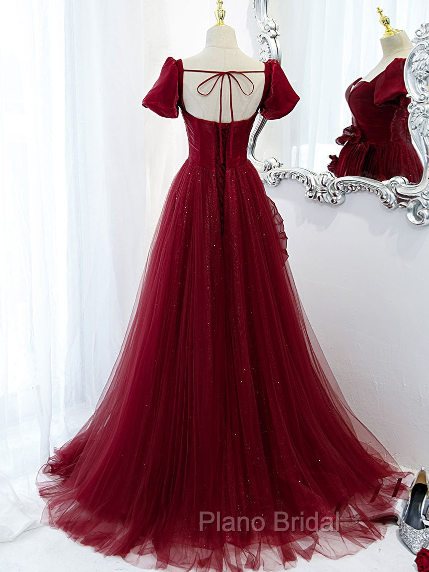 Burgundy Tulle Long Formal Prom Dresses, Burgundy Tulle Evening Dresses Secondary image