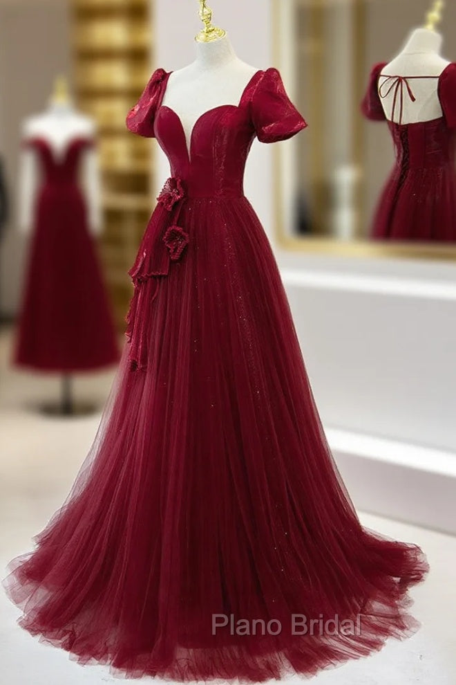 Burgundy Tulle Long Formal Prom Dresses, Burgundy Tulle Evening Dresses