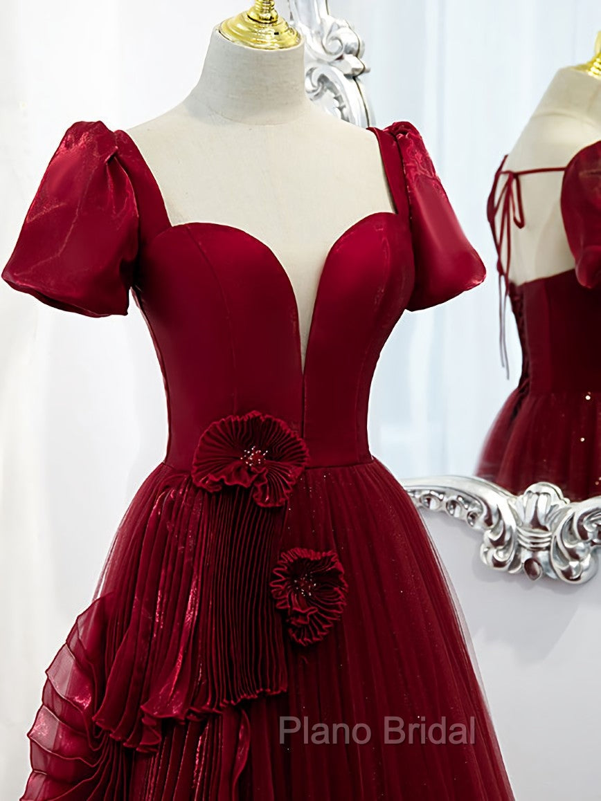 Burgundy Tulle Long Formal Prom Dresses, Burgundy Tulle Evening Dresses