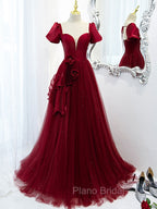 Burgundy Tulle Long Formal Prom Dresses, Burgundy Tulle Evening Dresses