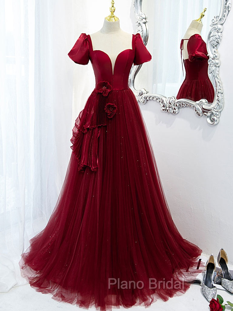 Burgundy Tulle Long Formal Prom Dresses, Burgundy Tulle Evening Dresses