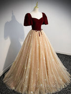 Burgundy Tulle Long Formal Prom Dresses, Burgundy Tulle Formal Dresses