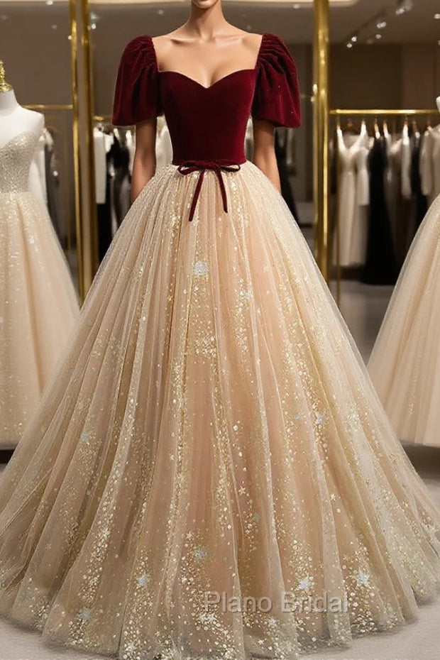 Burgundy Tulle Long Formal Prom Dresses, Burgundy Tulle Formal Dresses Main image