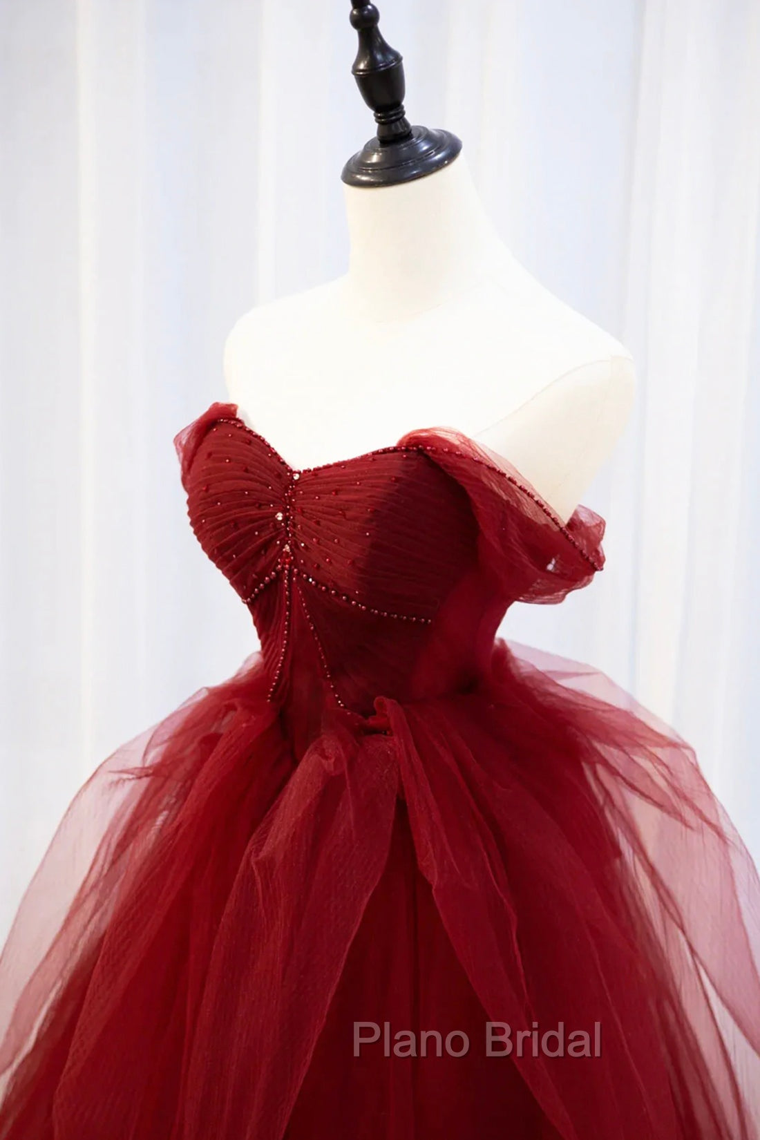 Burgundy Tulle Long Formal Prom Dresses with Beaded, Burgundy Off Shoulder Evening Dresses
