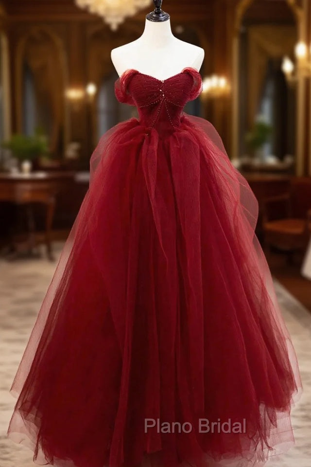 Burgundy Tulle Long Formal Prom Dresses with Beaded, Burgundy Off Shoulder Evening Dresses