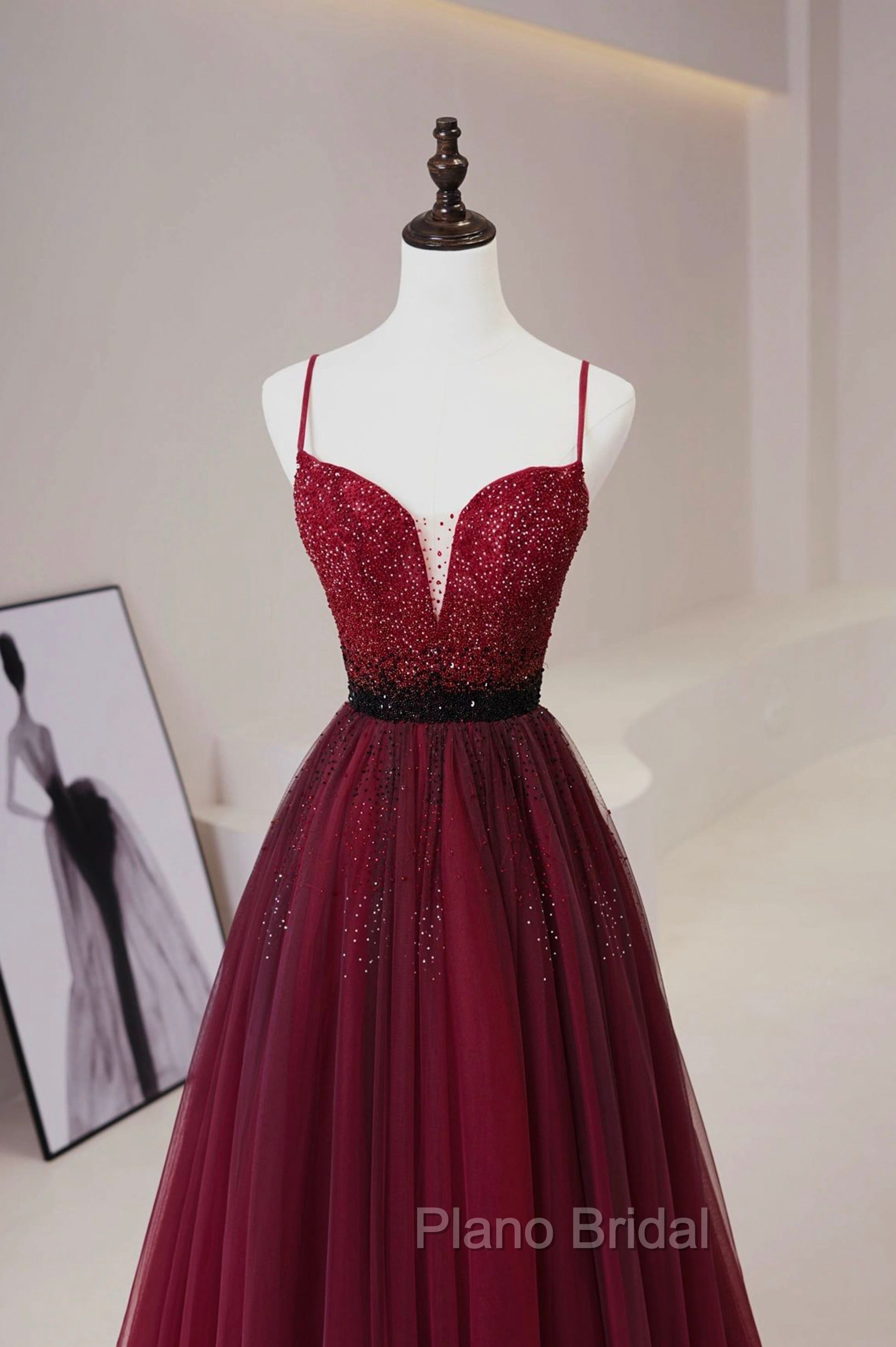 Burgundy Tulle Long Formal Prom Dresses with Beaded, Spaghetti Straps Evening Dresses Secondary image