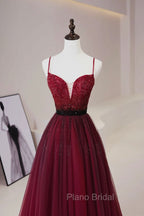 Burgundy Tulle Long Formal Prom Dresses with Beaded, Spaghetti Straps Evening Dresses