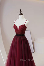 Burgundy Tulle Long Formal Prom Dresses with Beaded, Spaghetti Straps Evening Dresses