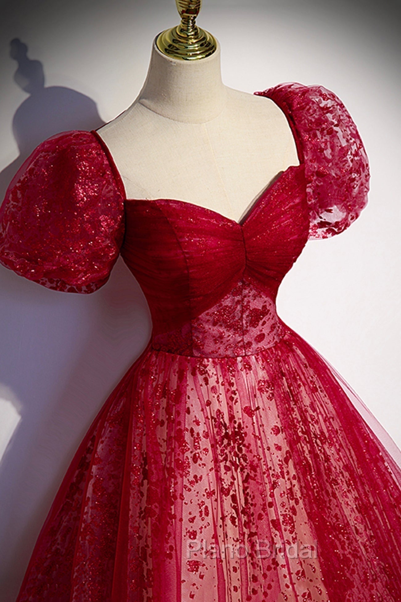 Burgundy Tulle Long Formal Prom Dresses with Sequins, A-Line Short Sleeve Evening Dresses Secondary image