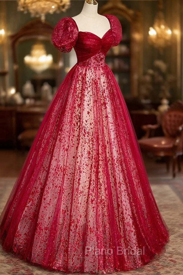 Burgundy Tulle Long Formal Prom Dresses with Sequins, A-Line Short Sleeve Evening Dresses