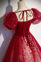 Burgundy Tulle Long Formal Prom Dresses with Sequins, A-Line Short Sleeve Evening Dresses