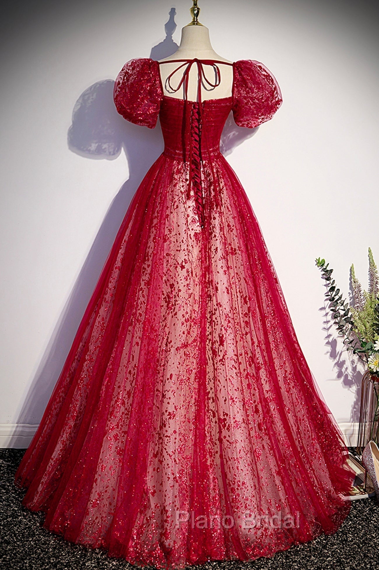 Burgundy Tulle Long Formal Prom Dresses with Sequins, A-Line Short Sleeve Evening Dresses