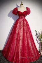 Burgundy Tulle Long Formal Prom Dresses with Sequins, A-Line Short Sleeve Evening Dresses