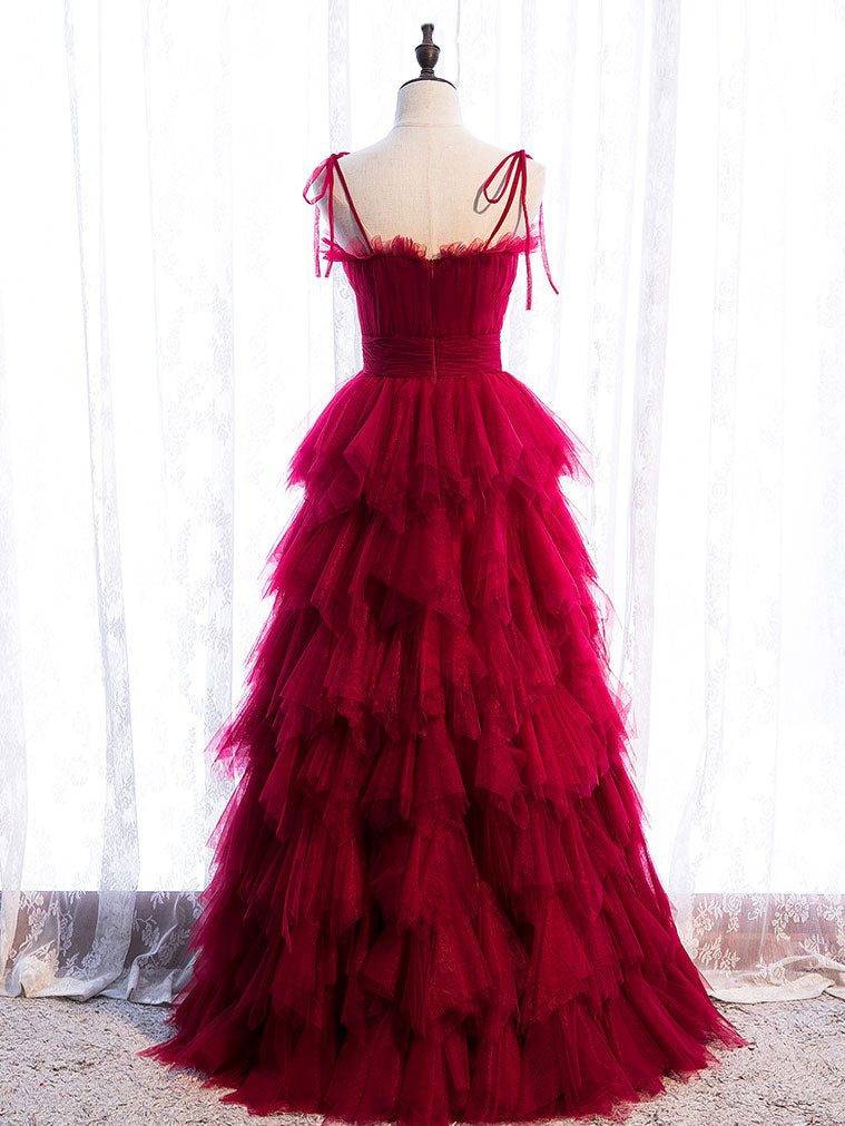 Burgundy Tulle Long Formal Prom Dresses, Burgundy Formal Graduation Dresses Secondary image