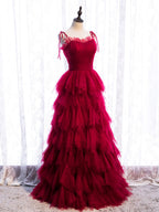 Burgundy Tulle Long Formal Prom Dresses, Burgundy Formal Graduation Dresses