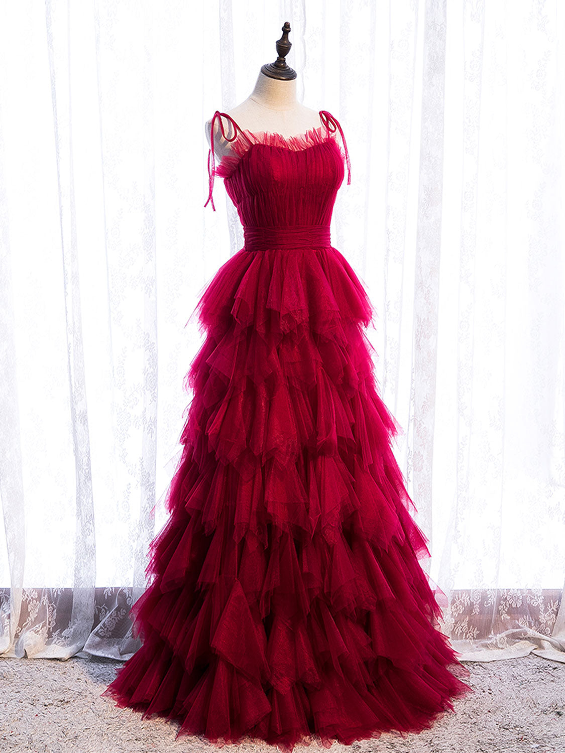 Burgundy Tulle Long Formal Prom Dresses, Burgundy Formal Graduation Dresses