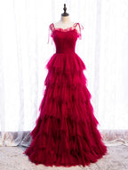 Burgundy Tulle Long Formal Prom Dresses, Burgundy Formal Graduation Dresses