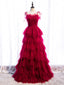 Burgundy Tulle Long Formal Prom Dresses, Burgundy Formal Graduation Dresses