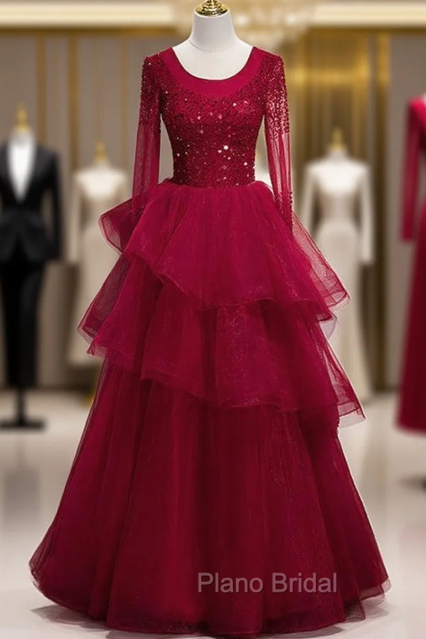 Burgundy Tulle Long Sleeve Beading Formal Prom Dresses Main image