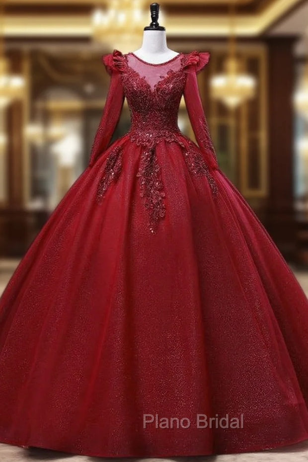 Burgundy Tulle Long Sleeve Beading Quinceanera Dresses
