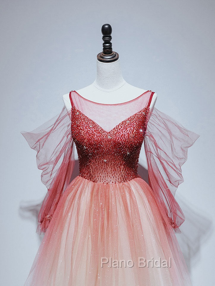 Burgundy Tulle Off Shoulder Beads Long Formal Prom Dresses, Burgundy Evening Dresses