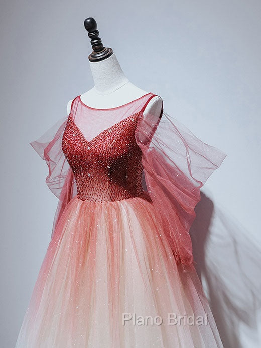 Burgundy Tulle Off Shoulder Beads Long Formal Prom Dresses, Burgundy Evening Dresses