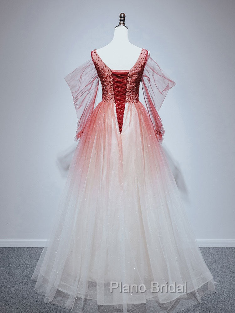 Burgundy Tulle Off Shoulder Beads Long Formal Prom Dresses, Burgundy Evening Dresses