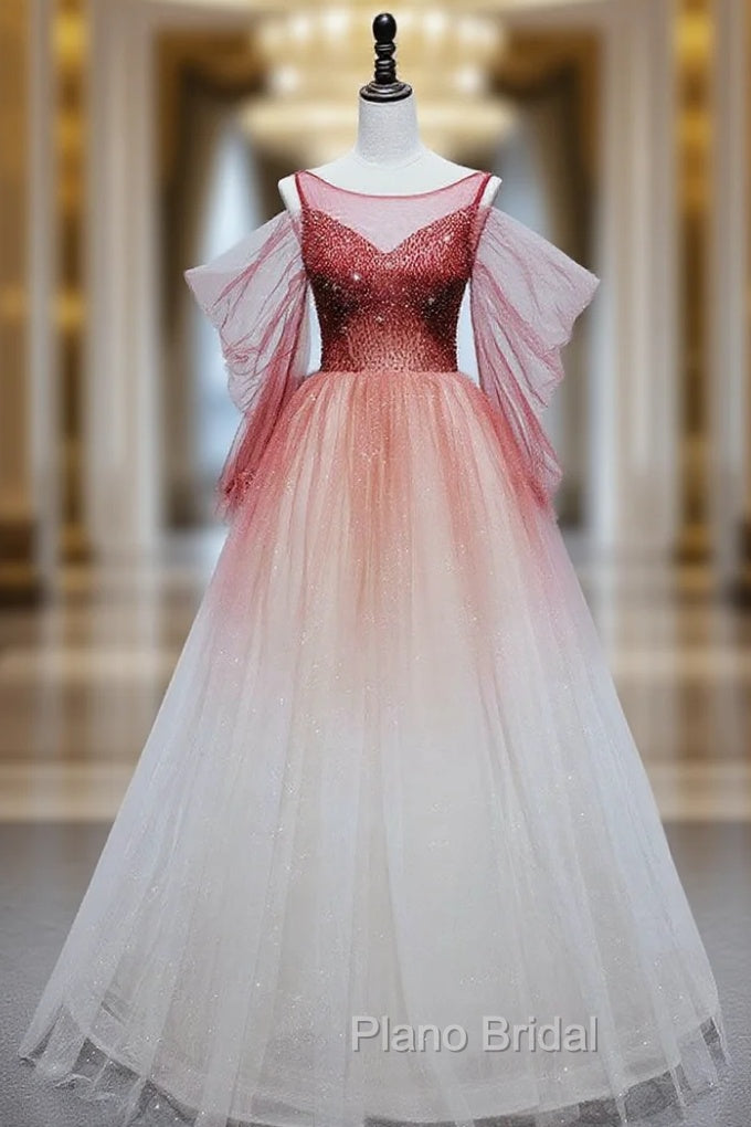 Burgundy Tulle Off Shoulder Beads Long Formal Prom Dresses, Burgundy Evening Dresses