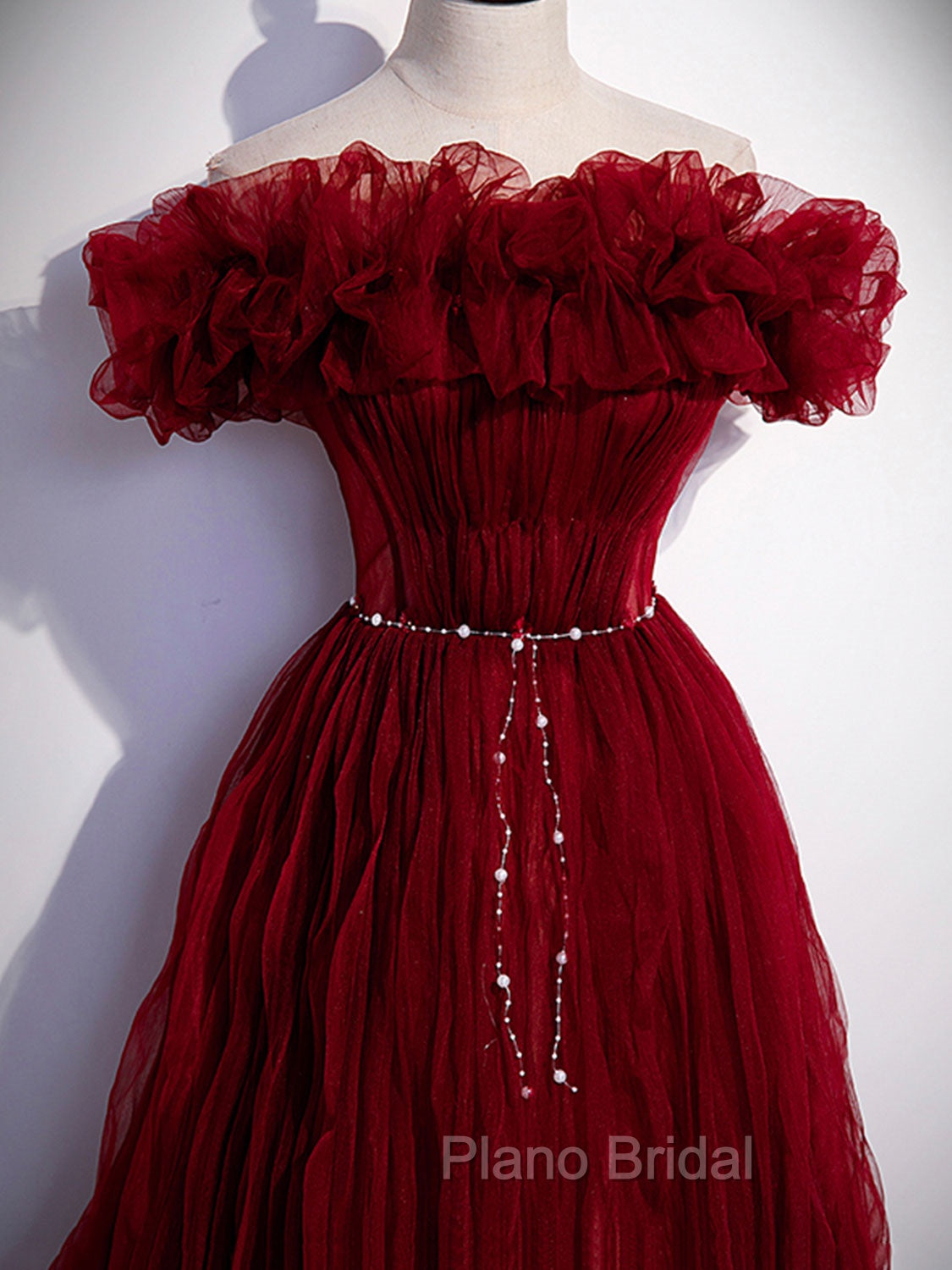 Burgundy Tulle Off Shoulder Long Formal Prom Dresses, Burgundy Evening Dresses