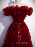 Burgundy Tulle Off Shoulder Long Formal Prom Dresses, Burgundy Evening Dresses