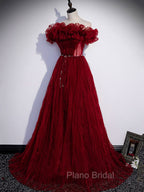 Burgundy Tulle Off Shoulder Long Formal Prom Dresses, Burgundy Evening Dresses