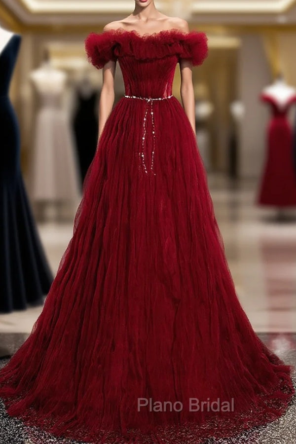 Burgundy Tulle Off Shoulder Long Formal Prom Dresses, Burgundy Evening Dresses Main image