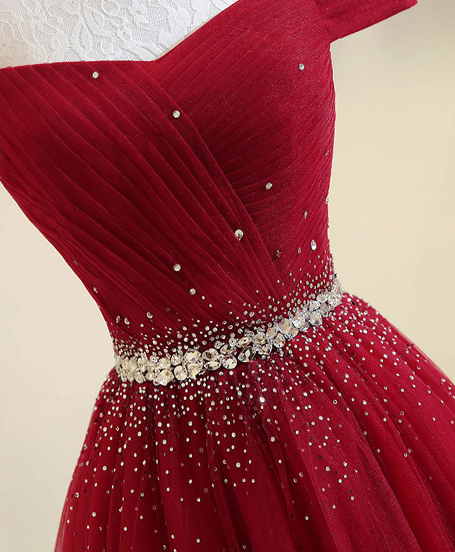 Burgundy Tulle Off Shoulder Long Formal Prom Dresses, Burgundy Formal Evening Dresses Secondary image