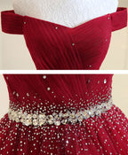 Burgundy Tulle Off Shoulder Long Formal Prom Dresses, Burgundy Formal Evening Dresses