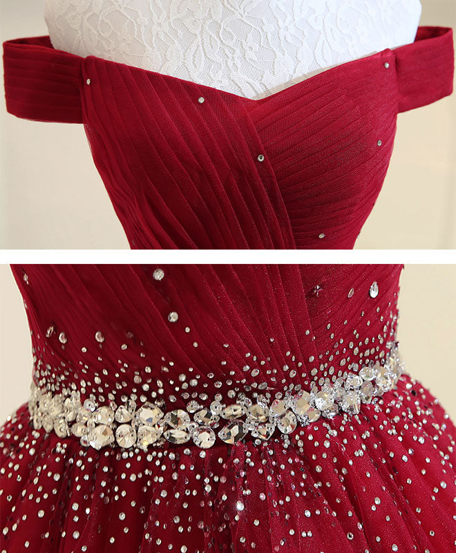 Burgundy Tulle Off Shoulder Long Formal Prom Dresses, Burgundy Formal Evening Dresses