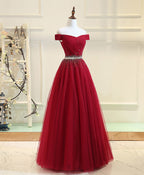 Burgundy Tulle Off Shoulder Long Formal Prom Dresses, Burgundy Formal Evening Dresses