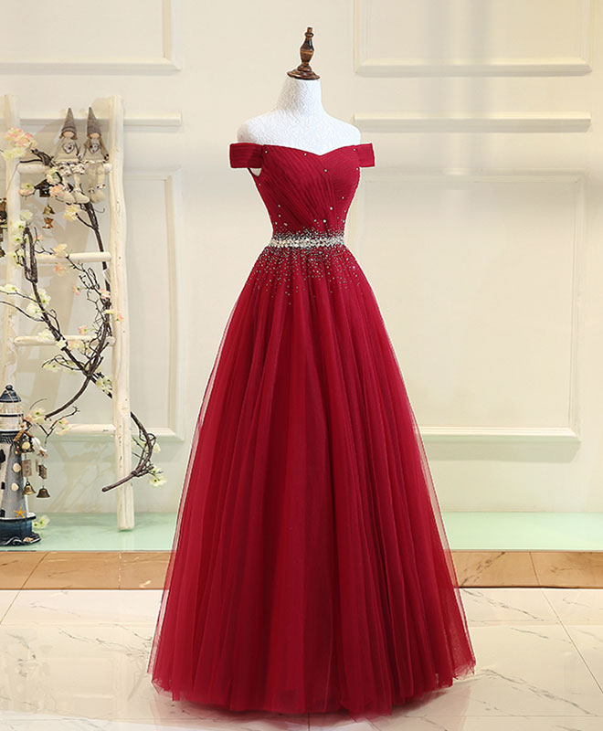 Burgundy Tulle Off Shoulder Long Formal Prom Dresses, Burgundy Formal Evening Dresses