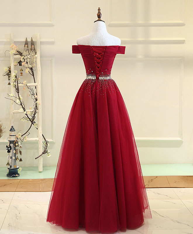Burgundy Tulle Off Shoulder Long Formal Prom Dresses, Burgundy Formal Evening Dresses