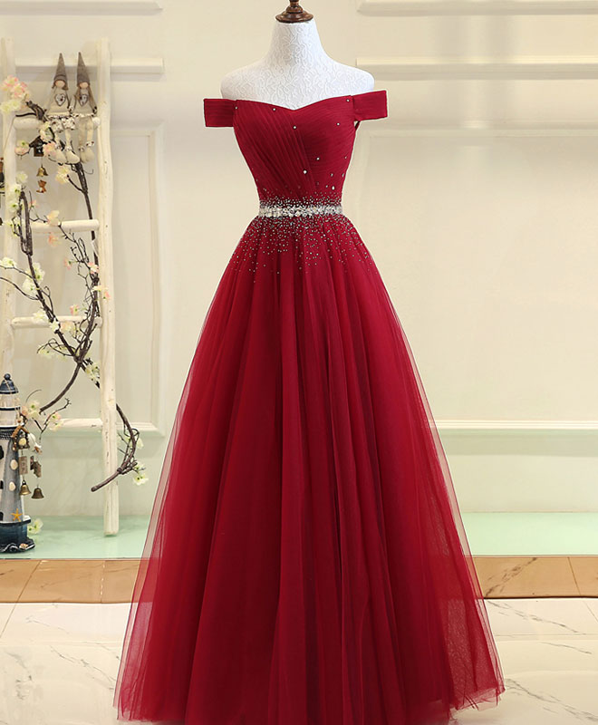 Burgundy Tulle Off Shoulder Long Formal Prom Dresses, Burgundy Formal Evening Dresses Main image