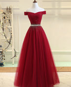 Burgundy Tulle Off Shoulder Long Formal Prom Dresses, Burgundy Formal Evening Dresses
