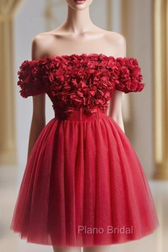 Burgundy Tulle Off the Shoulder 3D Flower Homecoming Dresses
