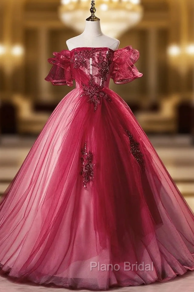 Burgundy Tulle Off the Shoulder Appliques Beading Quinceanera Dresses Main image