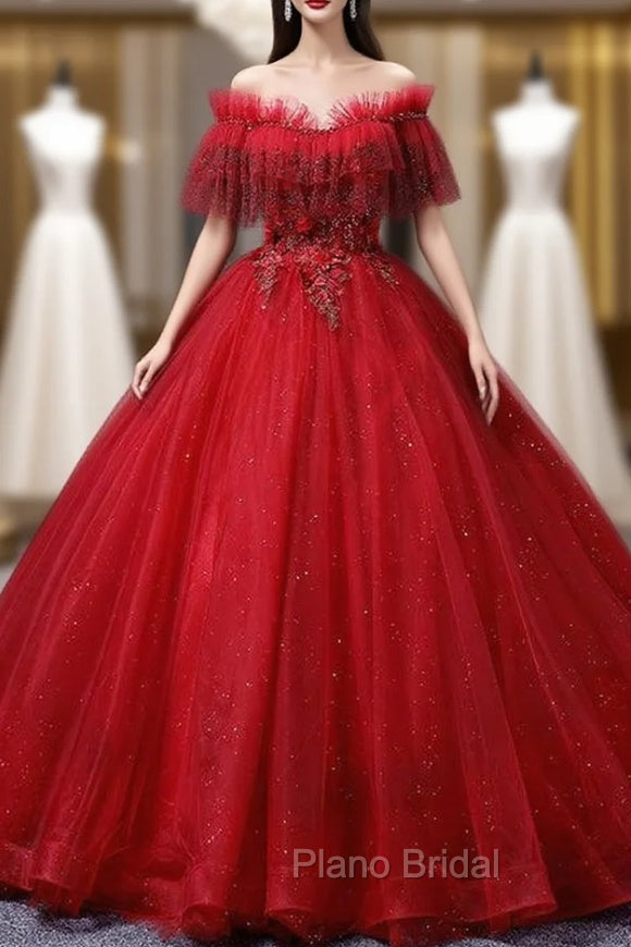 Burgundy Tulle Off the Shoulder Beading Appliques Quinceanera Dresses Main image