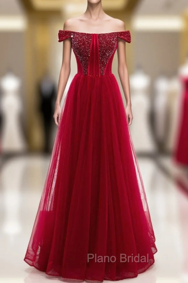 Burgundy Tulle Off the Shoulder Beading Formal Prom Dresses