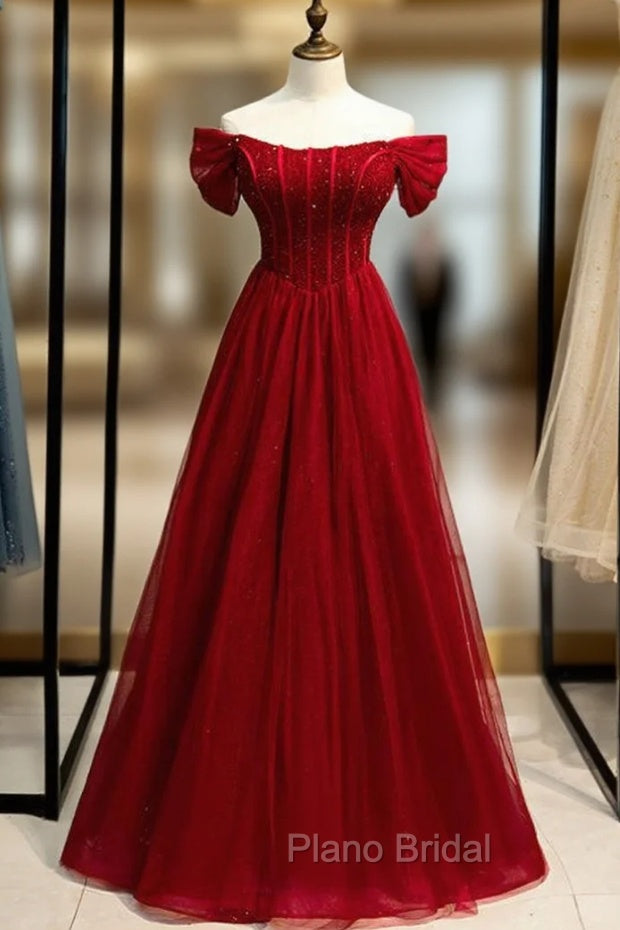 Burgundy Tulle Off the Shoulder Beading Sequins Formal Prom Dresses Main image