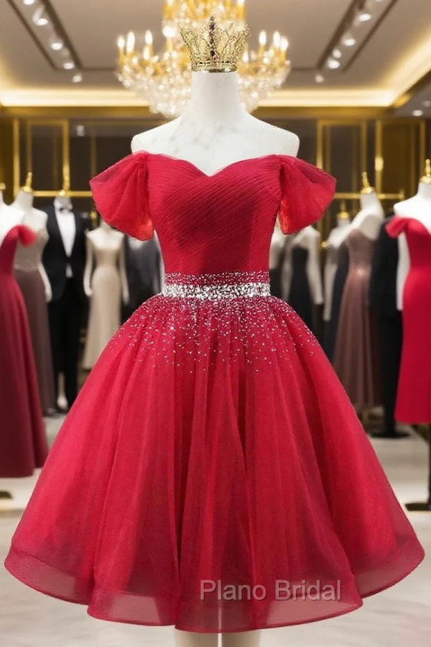 Burgundy Tulle Off the Shoulder Pleats Beading Homecoming Dresses