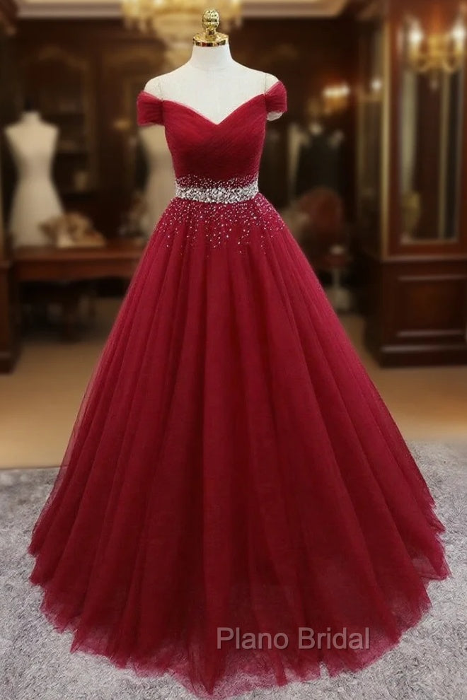 Burgundy Tulle Off the Shoulder Pleats Beading Formal Prom Dresses Main image