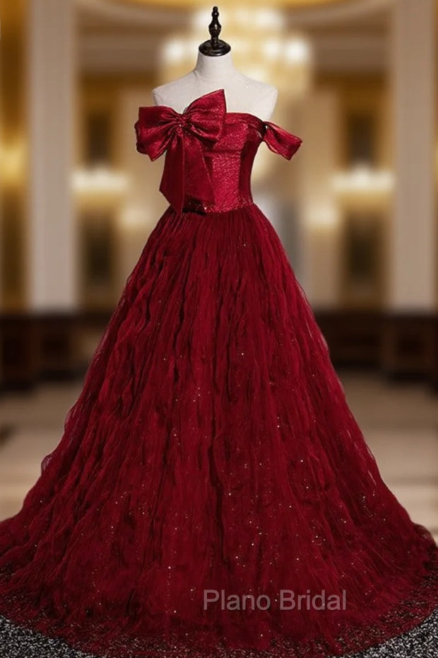 Burgundy Tulle Off the Shoulder Pleats Bow Formal Prom Dresses Main image