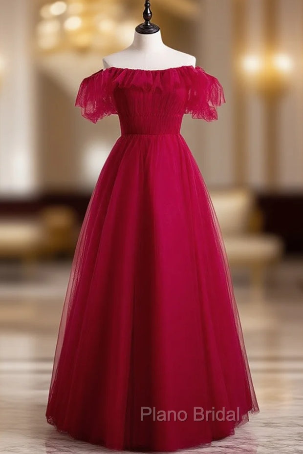 Burgundy Tulle Off the Shoulder Pleats Formal Prom Dresses Main image