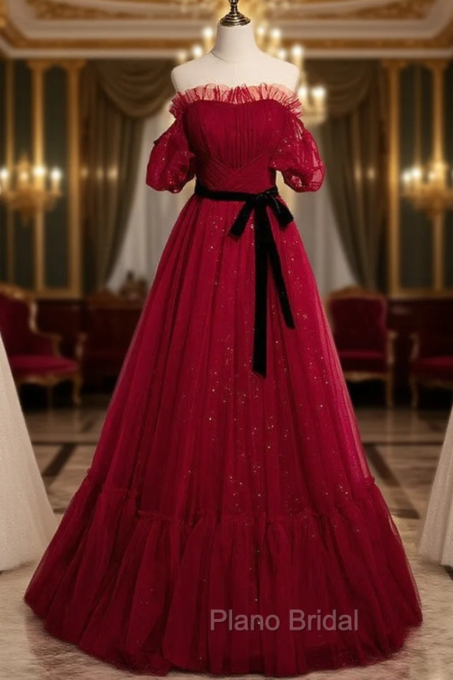 Burgundy Tulle Off the Shoulder Pleats Puff Sleeve Formal Prom Dresses